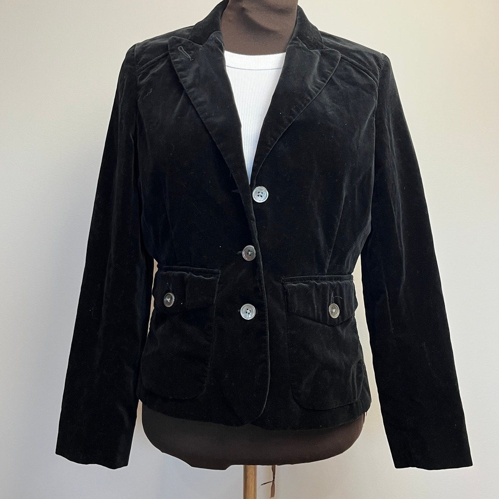 Eddie Bauer Womens Black Cotton Velvet Blazer Jacket Size 8 Three Button Pocket